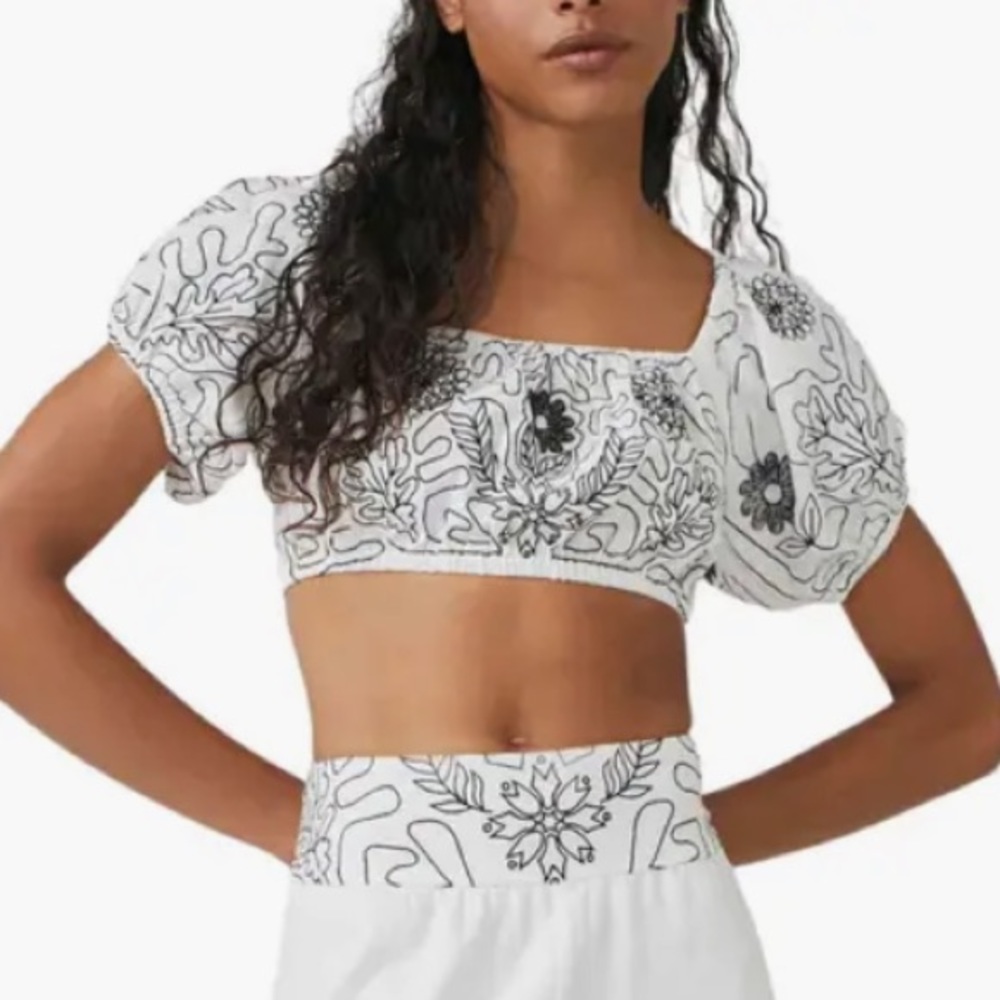 Free People White Crop Top with Black Floral Embroidery